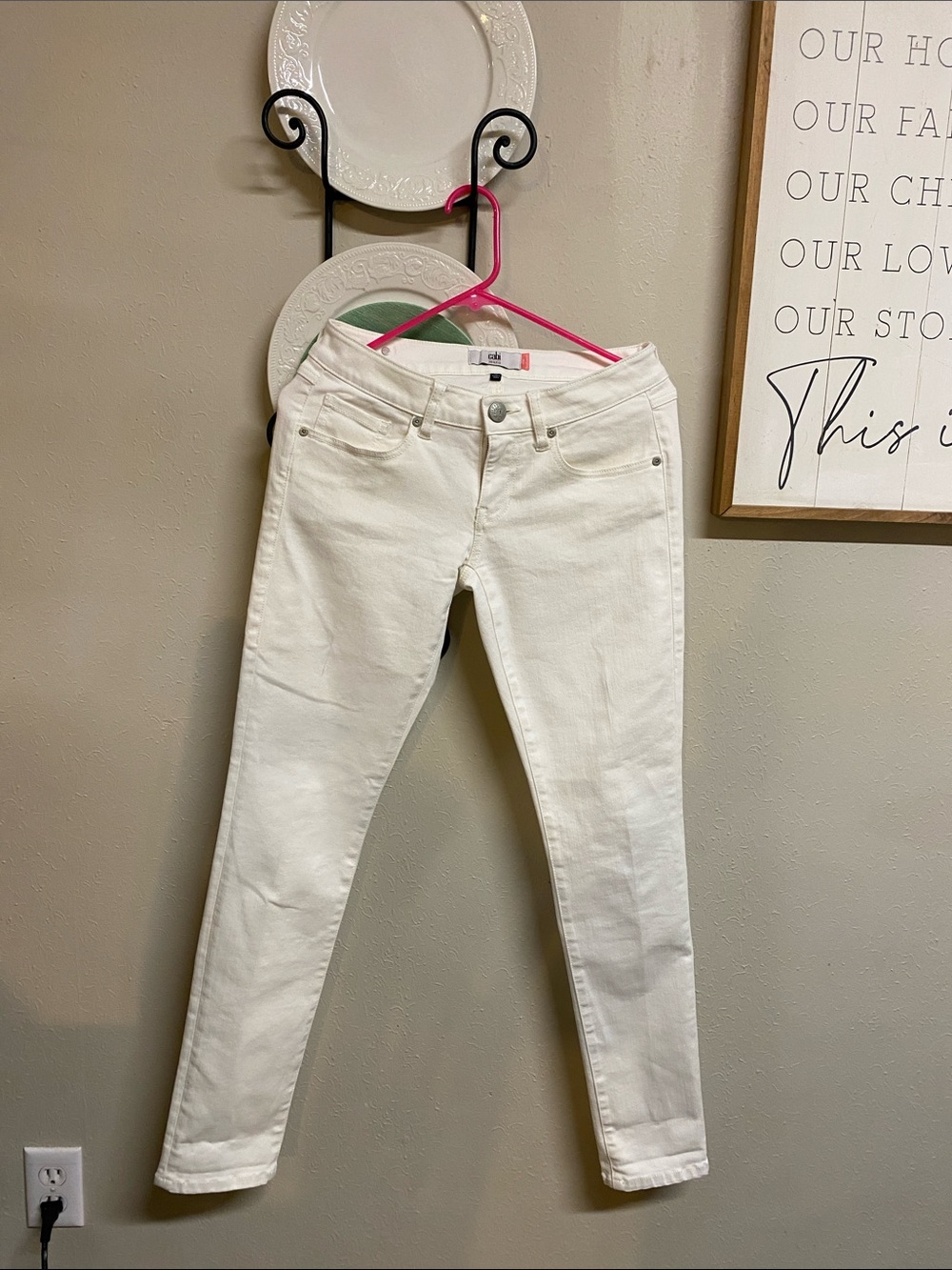 CAbi White Jeans with Coral Label Detail